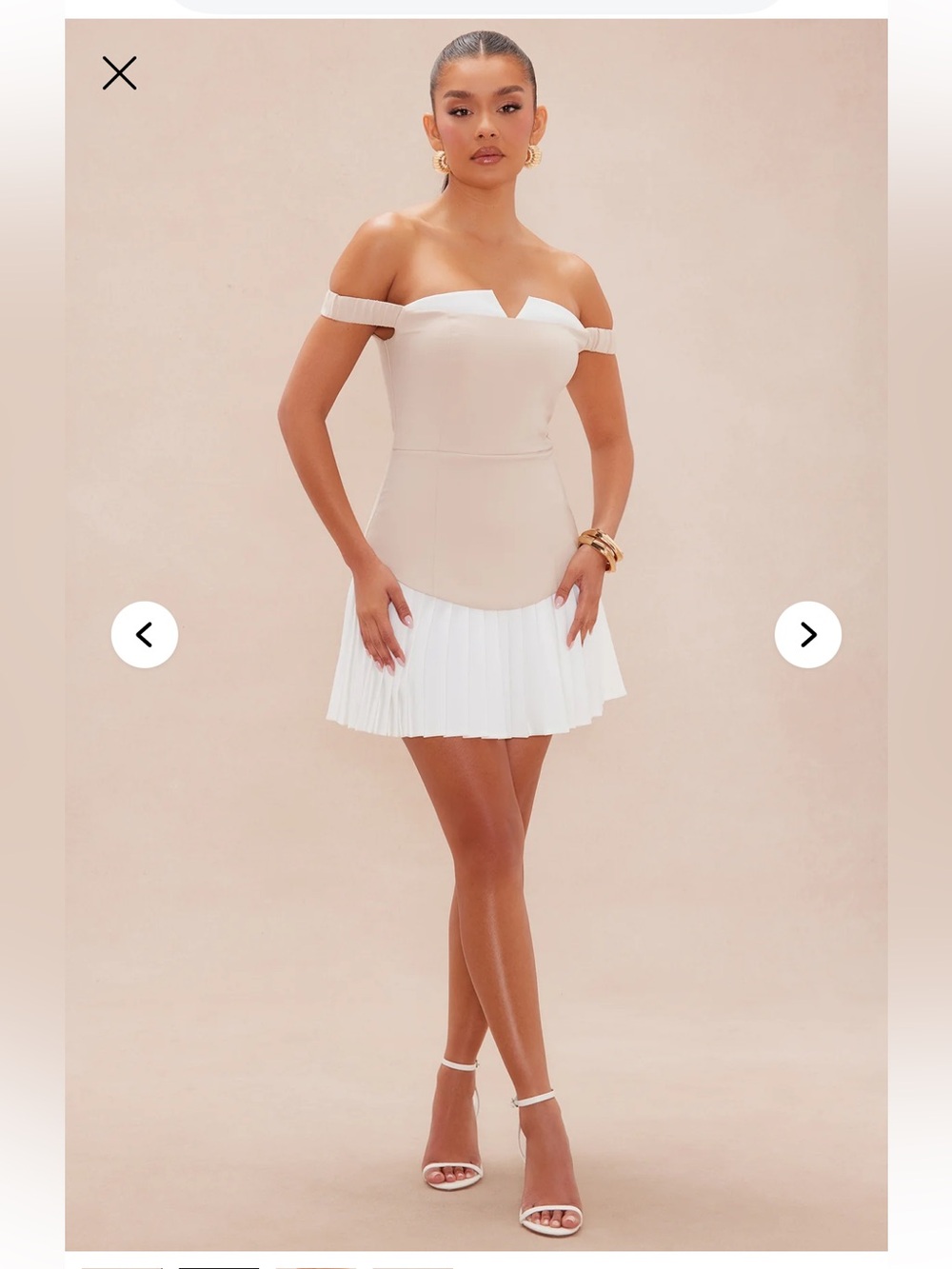 Fashion Nova Beige and White Off-Shoulder Pleated Mini Dress